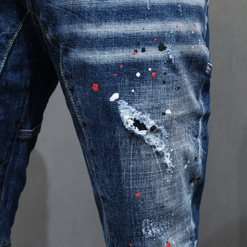 Street Fashion Men Jeans Retro Blue Painted Elastic Slim Fit Ripped Jeans Men Spliced Designer Hip Hop Denim Pencil Pants Hombre