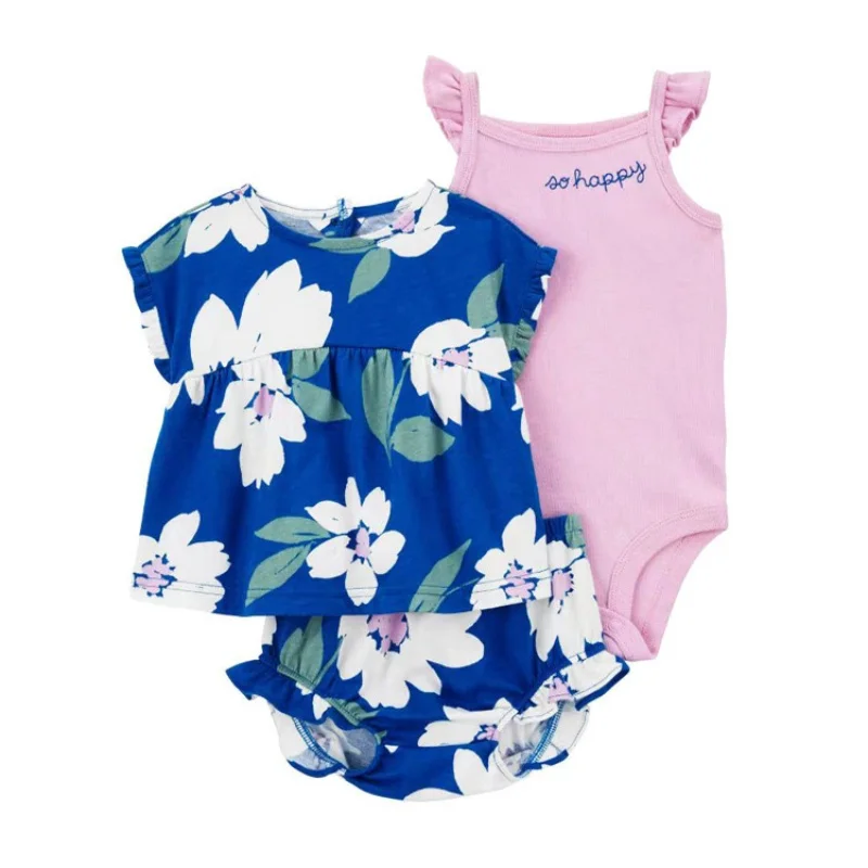 Newborn Baby Girls Summer Cute Bebe Children Clothing Set Short Sleeve +Shorts+Sling jumpsuit Toddler Girls Clothing 3Pcs Outfit