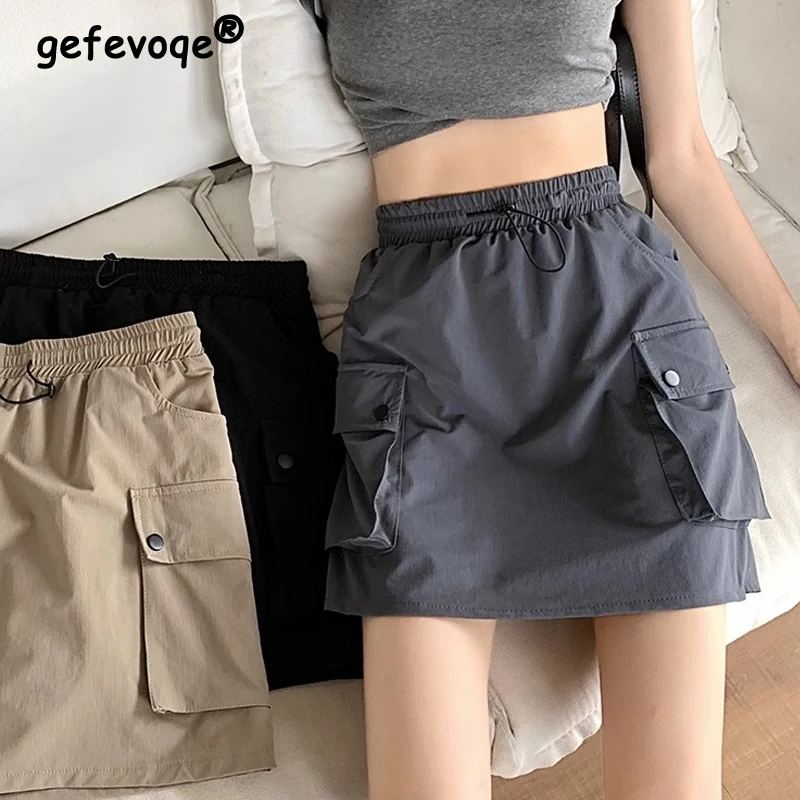 

Women Trendy Vintage Y2K Harajuku Drawstring Pocket Club Cargo Skirts 2024 Summer Female Casual Streetwear High Waist Mini Skirt