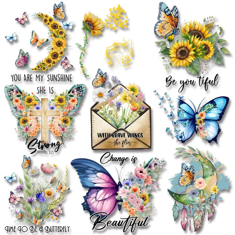 Floral Butterflies Flowers Heat Transfer printing Iron On Transfer Patches for Clothing DIY T-shirt