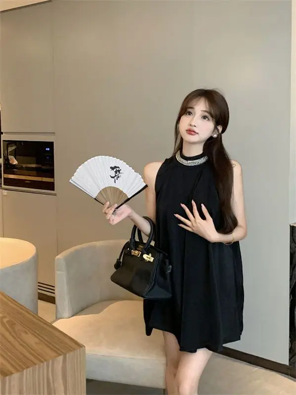 Vestidos Femininos sem Mangas Causal Sólido All-match Diamantes Verão Casual Halter Solto Elegante Mini Estilo Coreano Moda Fina Ins 4 Computers e Electronics