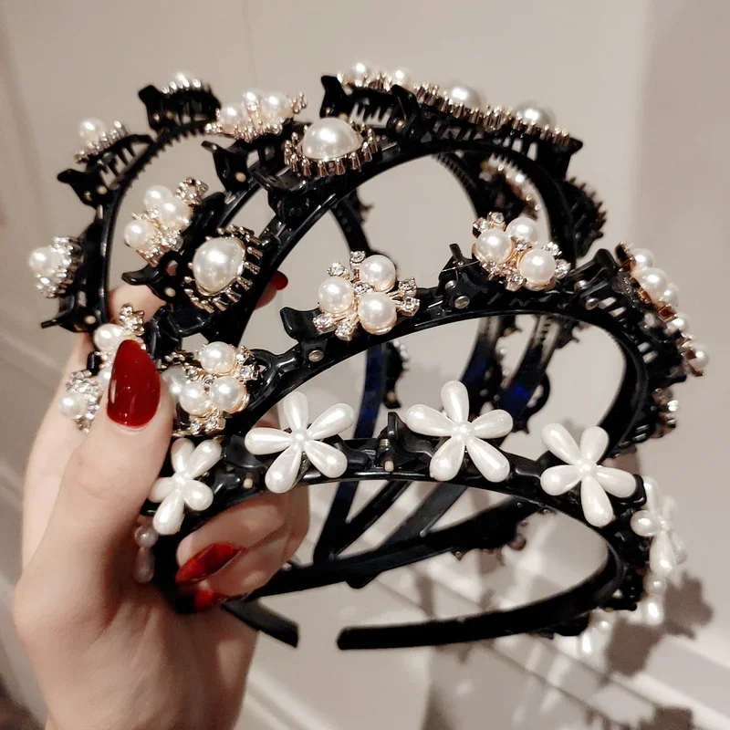 더블 레이어 밴드 클립 머리띠, 플라스틱 땋은 머리띠, 펑크 뜨게, 여성용 머리띠, 헤어 액세서리, 진주 패션