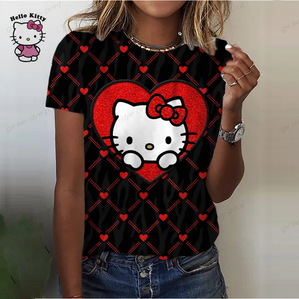 thumbnail image 1 of Camiseta de manga corta informal para mujer, con estampado de dibujos animados de Hello Kitty, para verano, 1 of 4