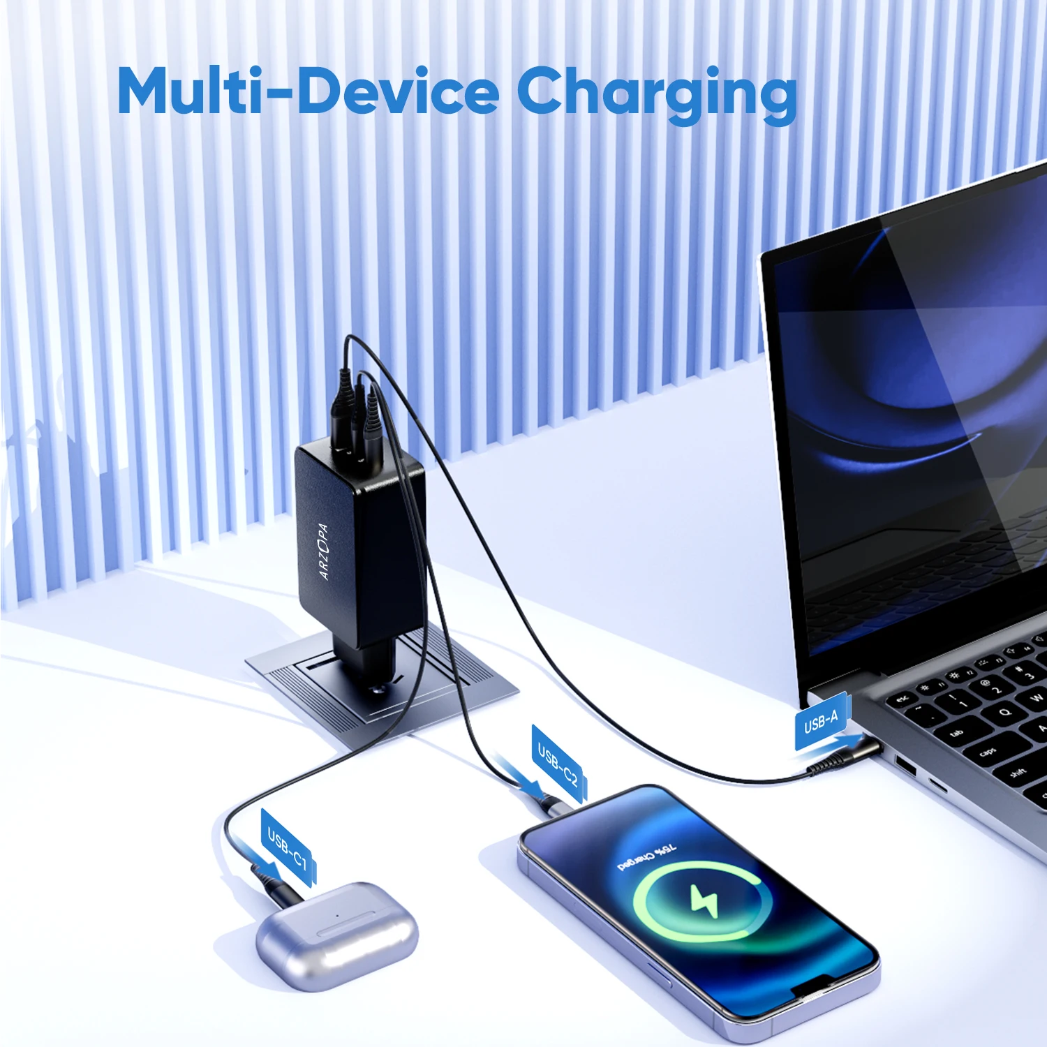 ARZOPA USB C Charger 65 W USB-C Power Supply GaN Charger 3-Port Fast PPS Multiple