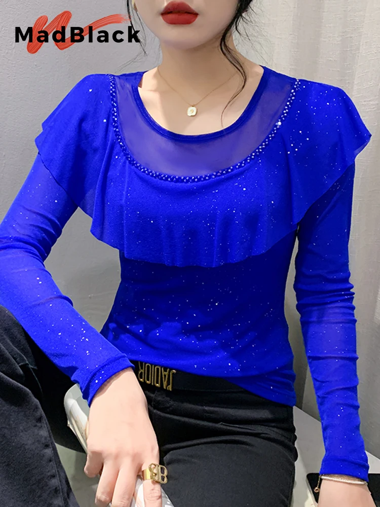 

Женская футболка с длинным рукавом, круглым вырезом и оборками