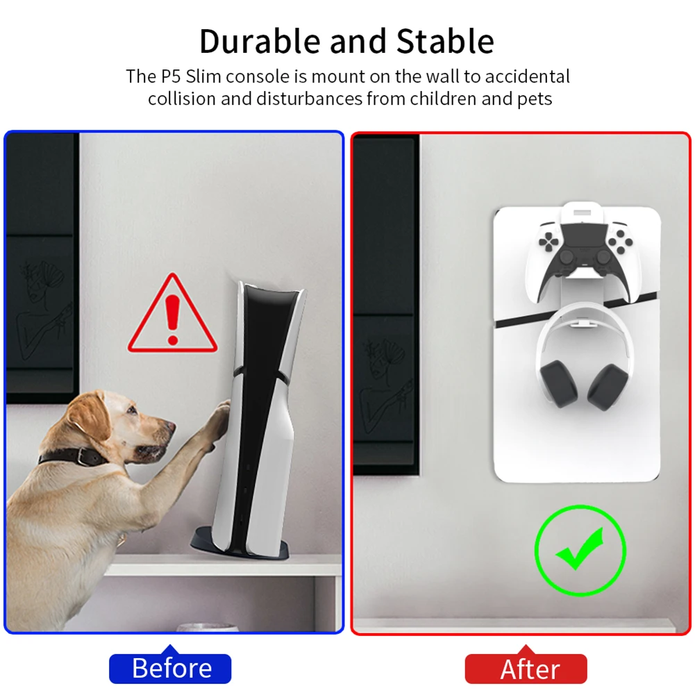 PS5 슬림 호스트 벽걸이 스탠드, 벽 마운트 브래킷, 헤드셋 후크 포함, PS5 디스크 버전 및 디지털 에디션용 벽 선반