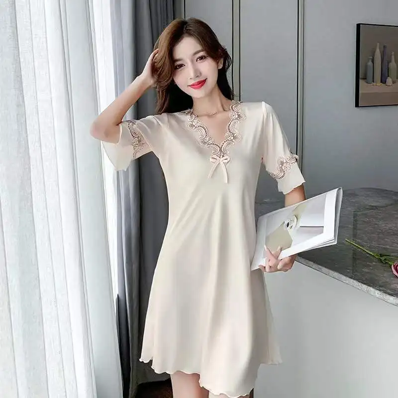 Ladies Sexy Pajamas Silk Embroidered Bow Nightdress Spring Summer Ice Silk Thin Solid Color Comfortable Homewear