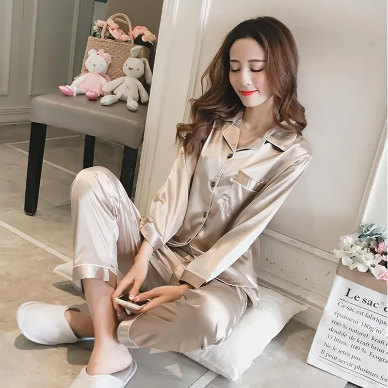thumbnail image 1 of Conjunto de Pijama de satén de seda para mujer, ropa de dormir, traje de dormir femenino, conjunto de dos piezas, 1 of 6