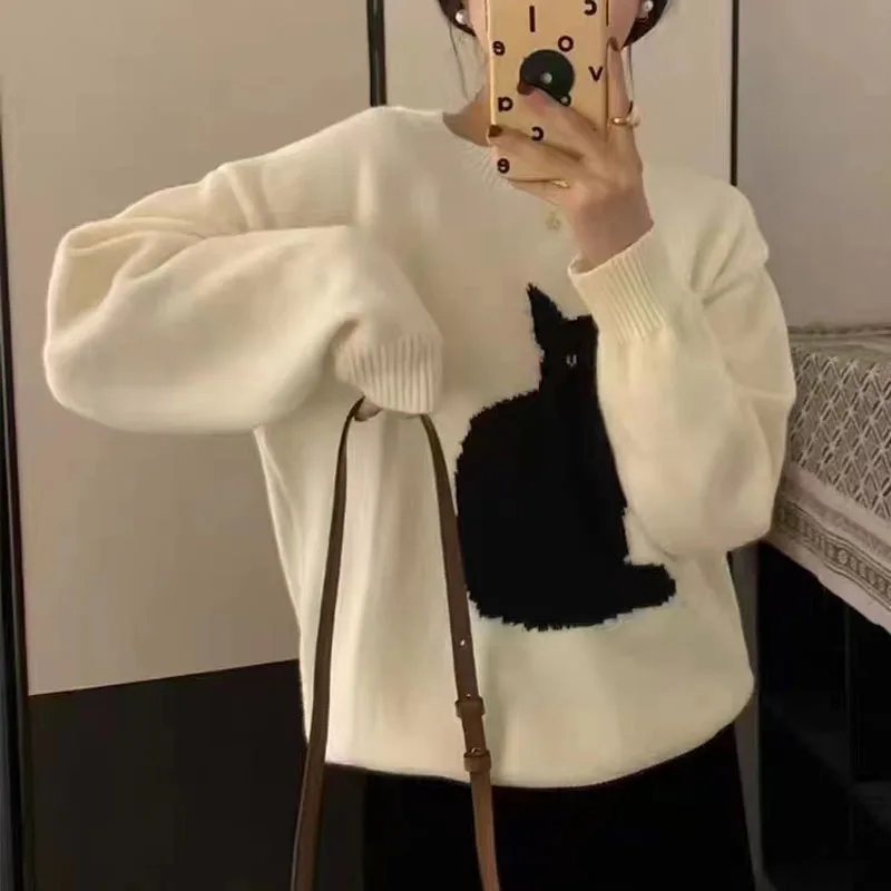 

Женский шерстяной пуловер с длинным рукавом, повседневный свободный Трикотажный свитер с мультяшным котом, одежда в Корейском стиле, Осень-зима 29212