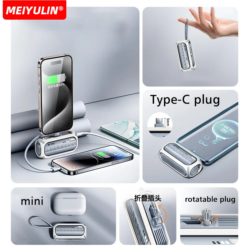 5000mAh Mini Power Bank Build-in Cable Small Powerbank External Spare Battery Portable Fast Charger For iPhone Samsung Xiaomi