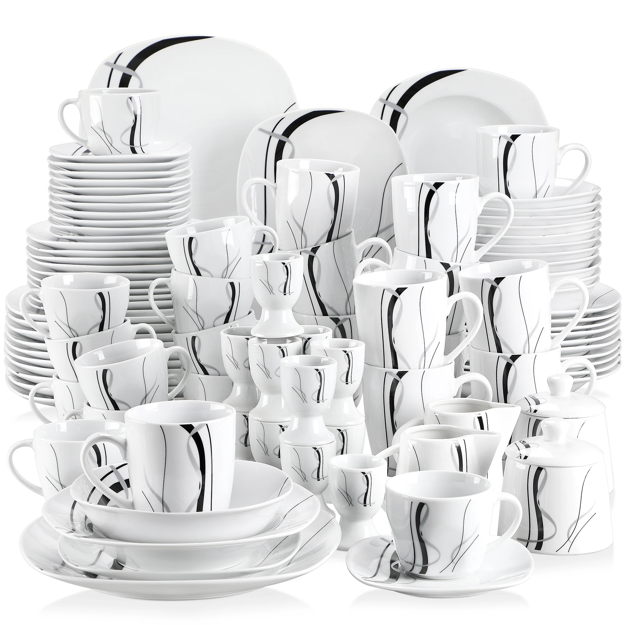 VEWEET 50-teiliges Porzellan-Geschirrset mit Eierbecher, Tassen und Untertasse, Becher, Dessert, Suppe und Teller, Schüssel, Milchkännchen, Zuckertopf-Set – Detail 1