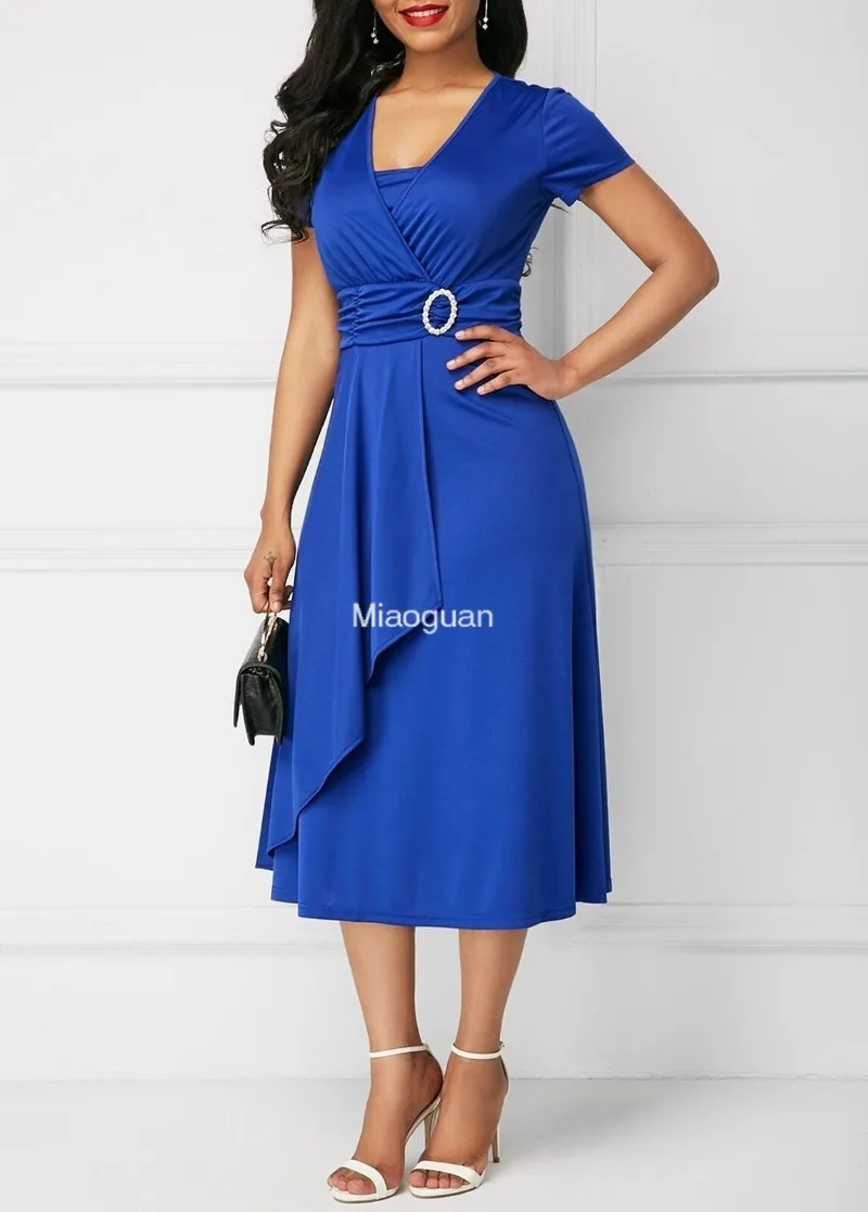 

Elegant Women’s Solid Color Short Sleeve V Neck Asymmetric Hem Waist Tight Midi Party Dress Ladies Evening Vestidos Summer Sexy