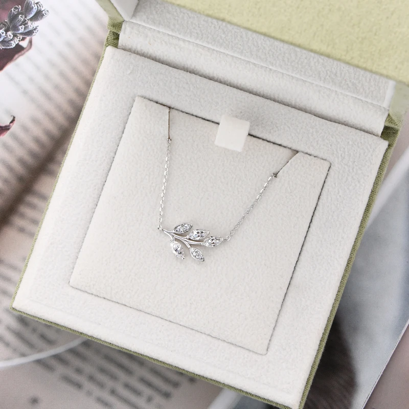 Silver Marquise Cut Moissanite Leaf Pendant Necklace