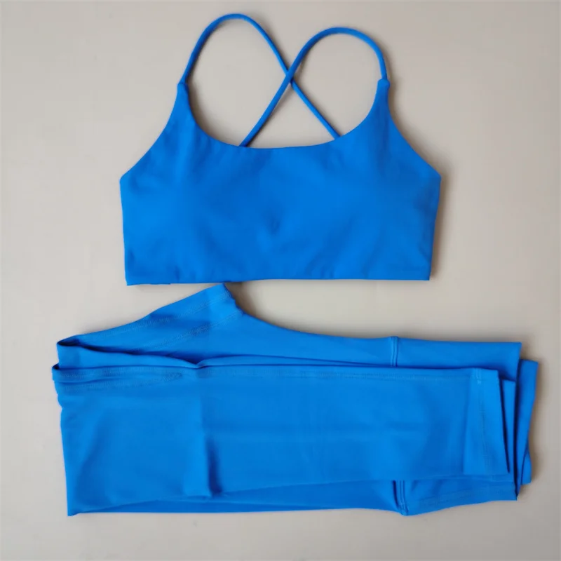 Gym Sexy Sportswear 2-Piece Women's Yoga Suit Running Exercise Pilates Fitness Suit Solid Color Sports Bra Cross Back Leggings