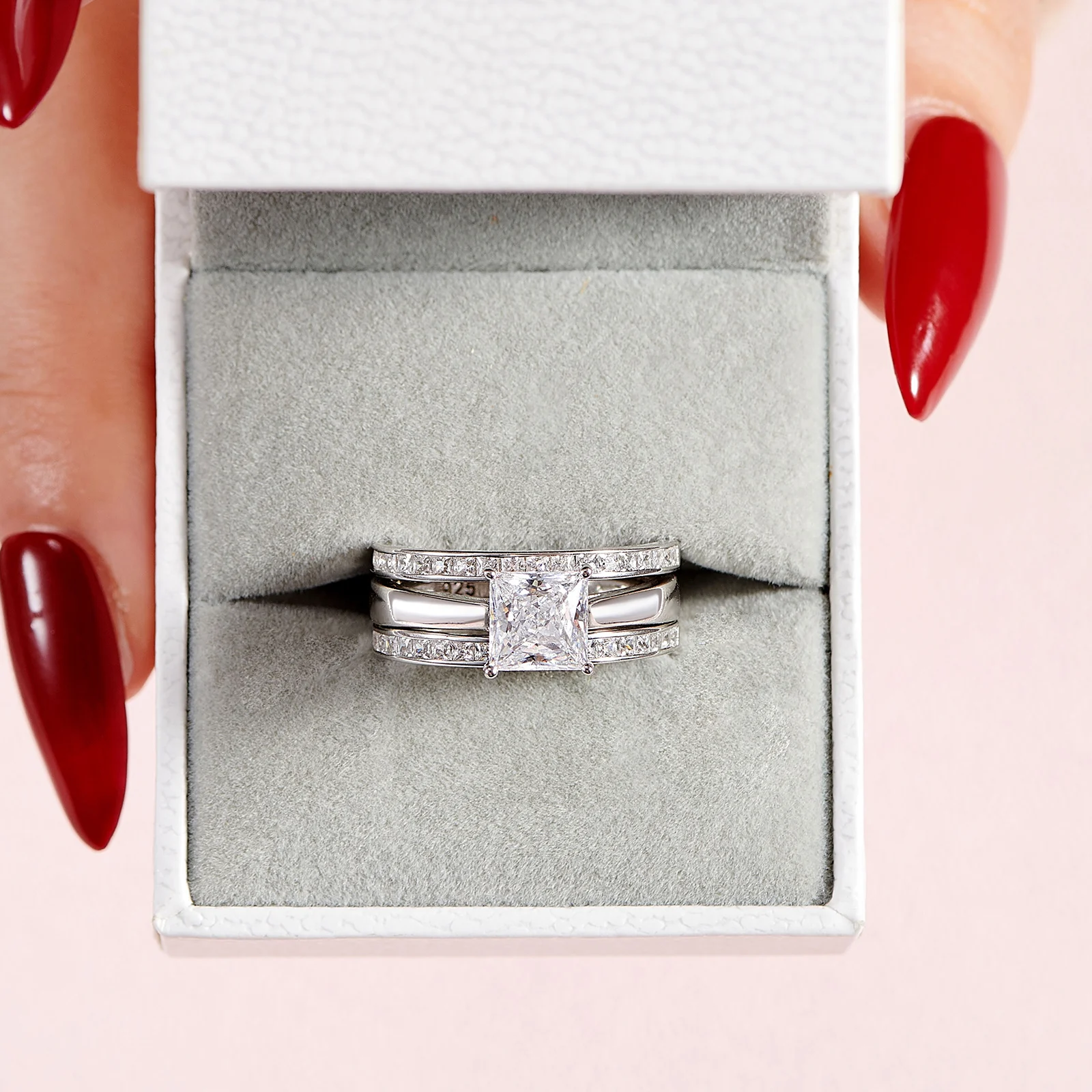Newshe Solid 925 Sterling Silver Wedding Rings for Women Solitaire Princess Cut Engagement Ring Eternity AAAAA Zircon Guard Band 6