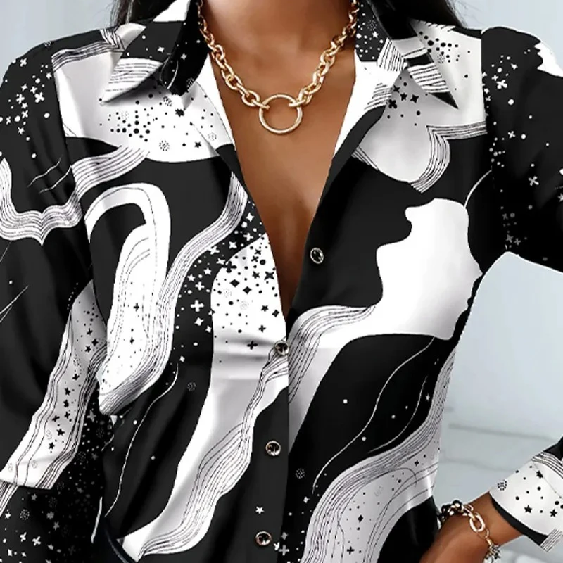 Women's Vintage Print Blouses Striped Shirts Office Lady Print Blouse Spring Fashion Button Long Sleeve Women Tops 18972