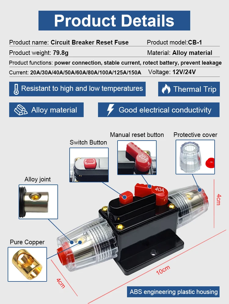 Description Picture 6 of itemCircuit Breaker Reset Fuse 12v 24v 48v DC 20A-300A 250A Solar Fuse Car Boat Audio Manual Power Protect Fuse Resettable Insurance