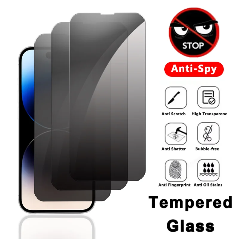 thumbnail image 1 of Protector de pantalla de vidrio templado antiespía para iPhone, cubierta completa de privacidad para iPhone 14, 15, 13, 12, 11 Pro Max Plus Mini XS XR X SE 2020 8, 1-3 unidades, 1 of 4