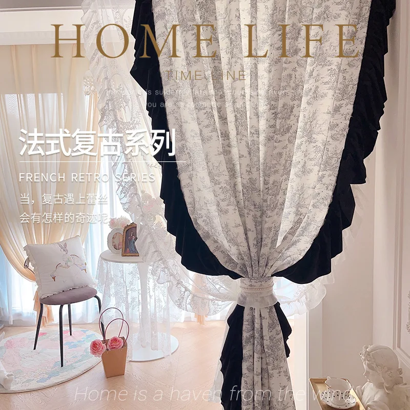 

Romantic French Lace Printing Living Room Curtain Retro Court Bedroom Bay Window Blackout Curtains Study Sunscreen Curtains