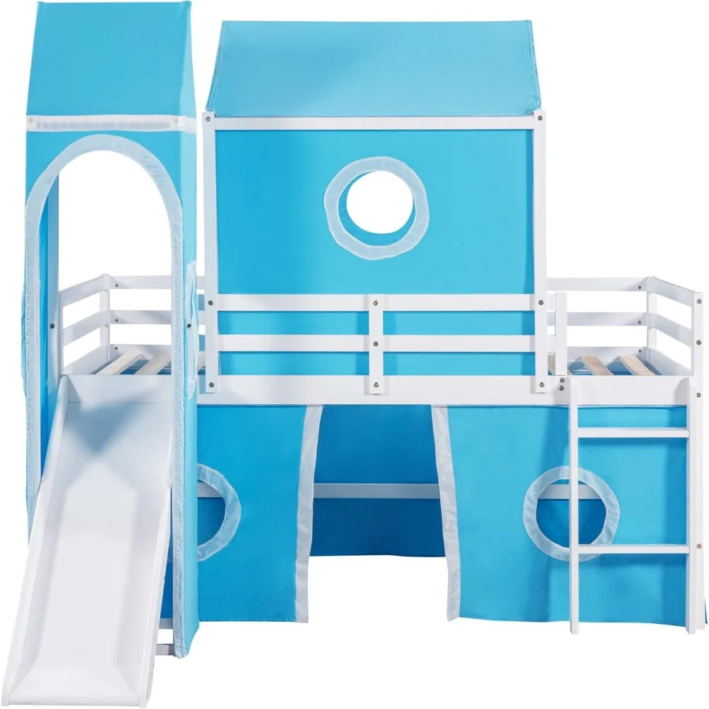 Low Loft Bed with Tent and Slide, Solid Wood Loft Frame with Safety Guardrails and Ladder for Kids Bedroom,Easy Assembly 5