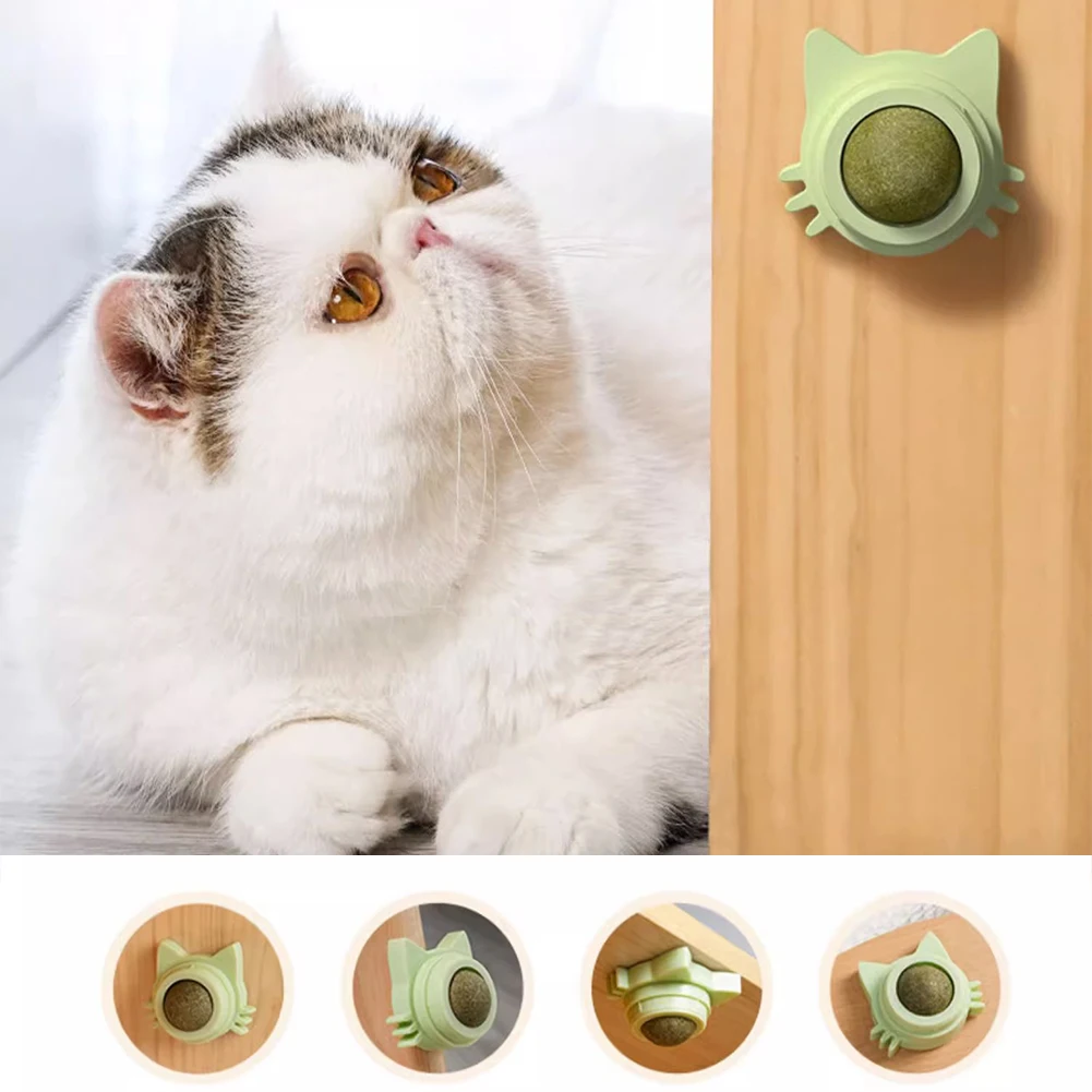Catnip Lickable Ball Rotatable Teeth Cleaning Cat Bite Toy Cat Wall Treats for Indoor Cats