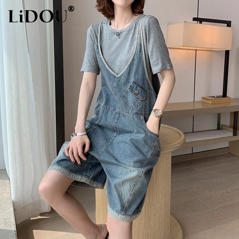 2023 Summer New Straight Pants Ladies Loose Cowboy Rompers Women Korean Style Thin Style Pockets Shorts Spring Loose Jumpsuits