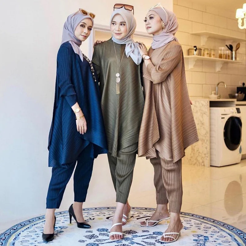 

Muslin Women Suit Islam Turkish Tops Pants Two Piece Set Women's Wear Malaysia Indonesia Dress Set Fashion Pleated Irregular