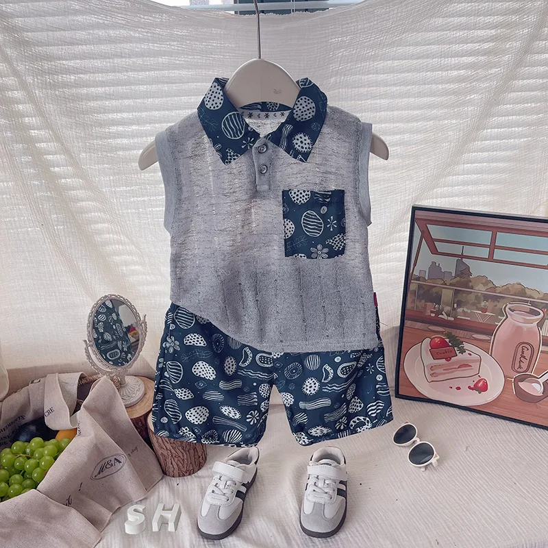  남자아이 옷  남아 2피스 네이비 프린트 민소매 폴로 탑과 반바지 세트 캐주얼 여름 의상 데일리 파티 휴가룩