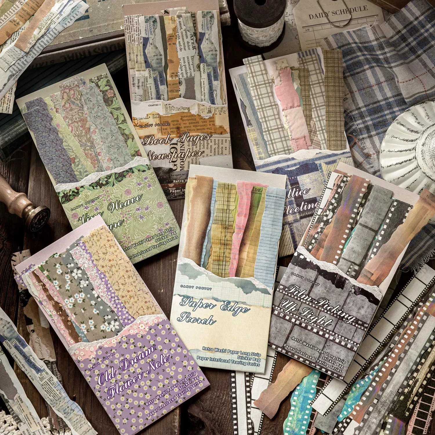 20개 빈티지 와시 스티커, 레트로 찢어진 종이 가장자리 스트립, 저널링, 불렛..
