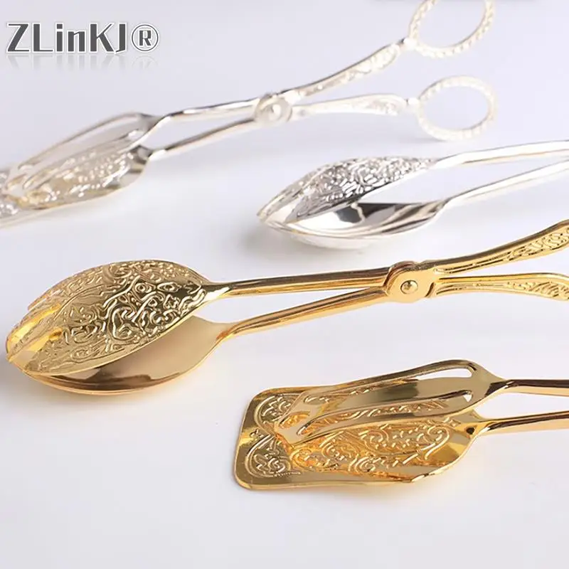 Food Tong Gold-plated Snack Cake Clip Salad Bread Pastry Clamp Baking Tool Fruit Salad Cake Clip Kitchen Utensils Wedding Decor food tongs
