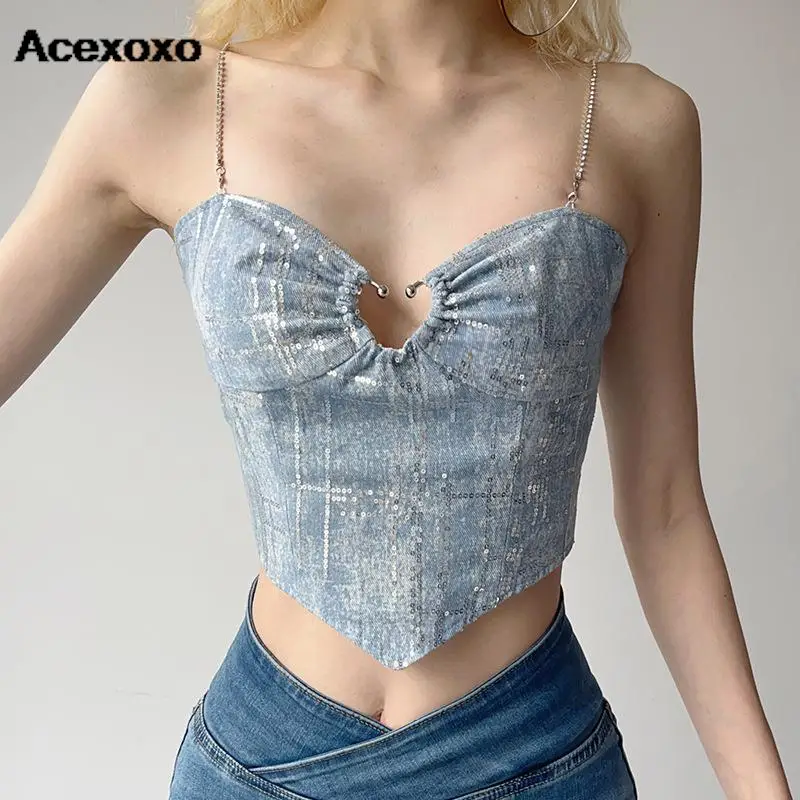 

2023 new summer dress imitation cowboy spice girl favorite hollow back chain belt small halter vest
