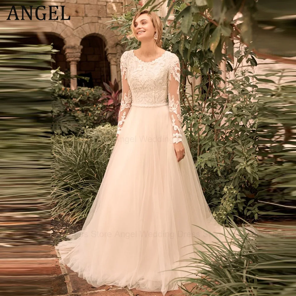 

ANGEL Long Sleeves Wedding Dress 2024 Bride O-Neck A-Line Tulle Bridal Gowns Lace Applique Plus Size Civil vestidos de novia