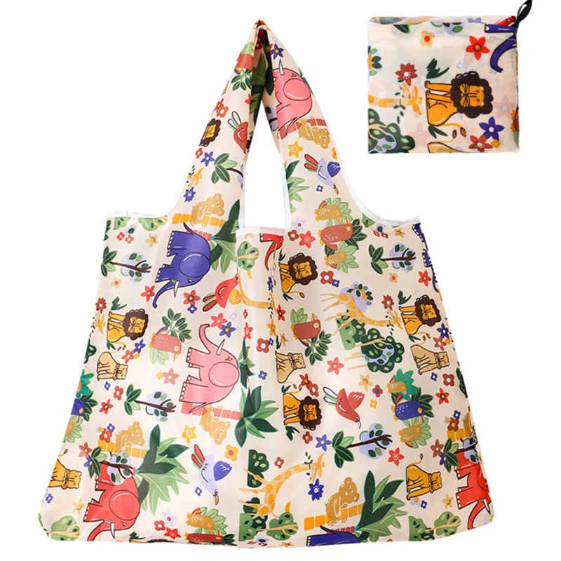 Eco-Friendly Reusable Folding Tote Bag with Cartoon Animal and Strawberry Print