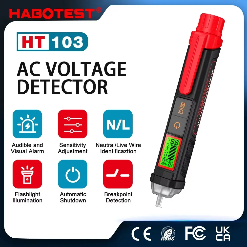 HABOTEST HT103 비접촉식 AC 전압 테스터 12-1000V 방수 디지털 ..