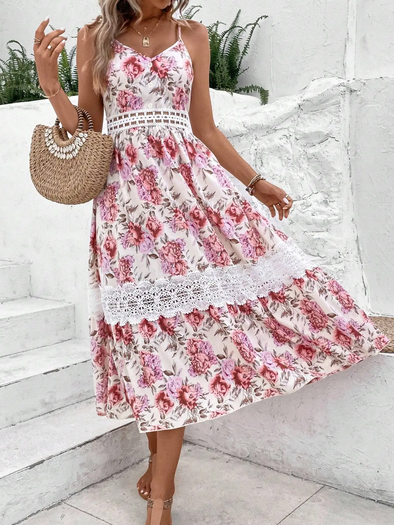 

Women's Fashion Dresses Fragmented Sweet Hanging Strap New Lace Splicing Printed Mini Waist Dress