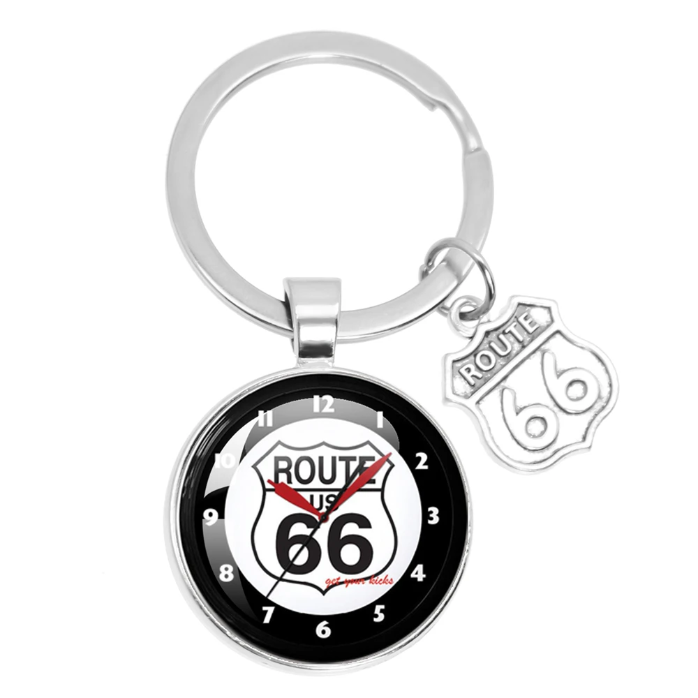 ROUTE 66 Keychain Motorcycle Car Key Chain Handmade Art Photo Glass Cabochon Key Ring Holder Women Men Jewelry Gift