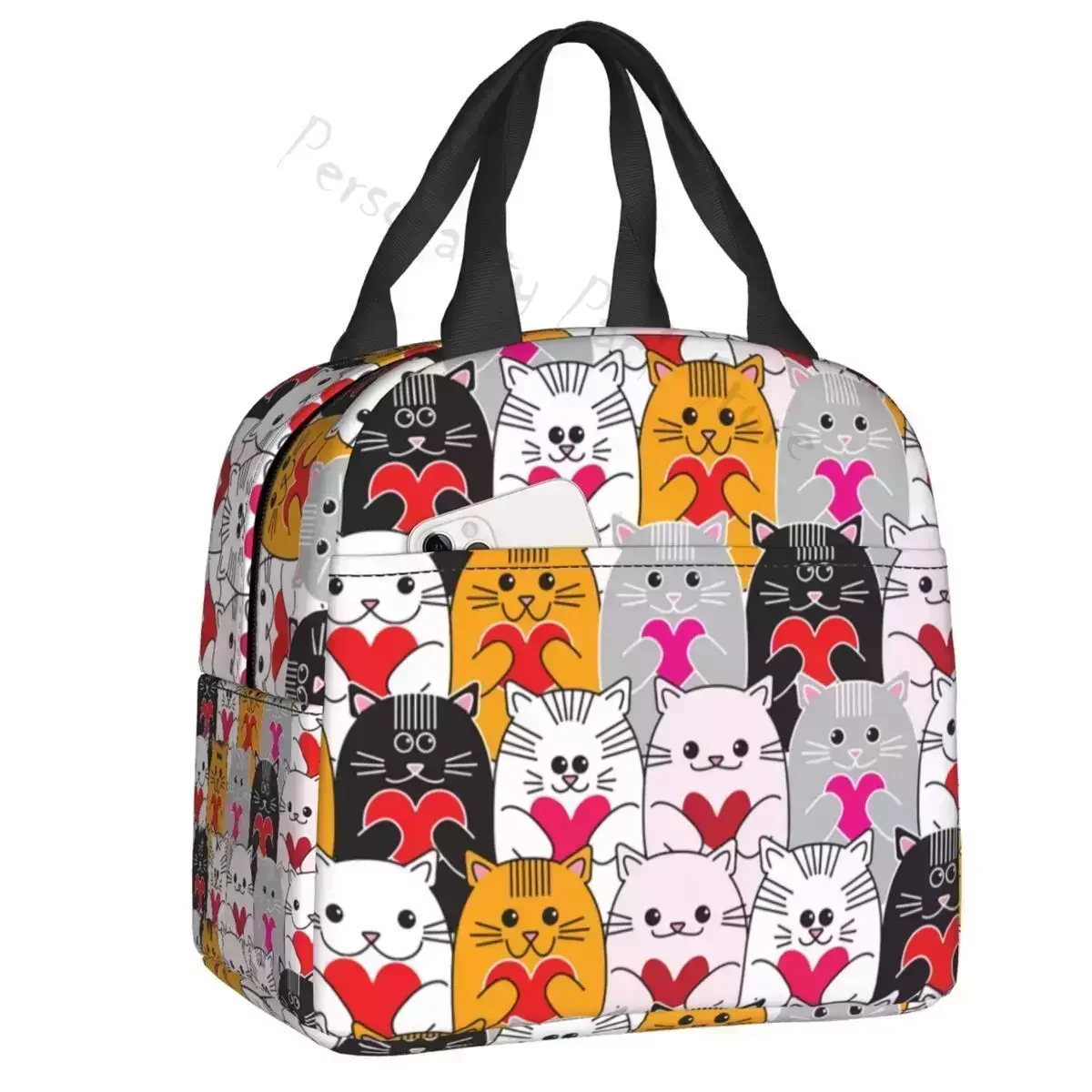 

2024 New Cats Love Hearts Insulated Lunch Bags For School Office Cartoon Kitten Portable Cooler Thermal Bento Box Women Kids