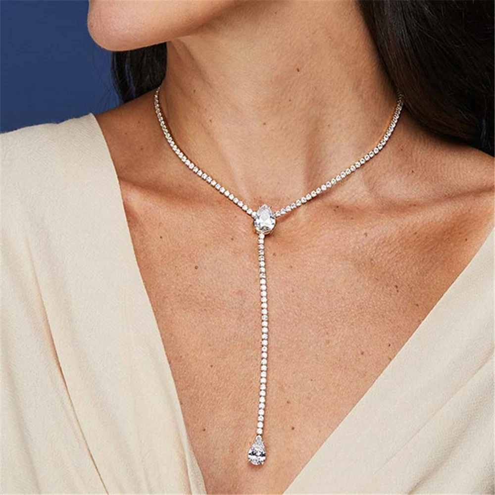 YERTTER Sparkly Rhinestone Choker Necklace With Tassel - Long Ice-Out Collar Statement Piece For Women, Silver - View #4