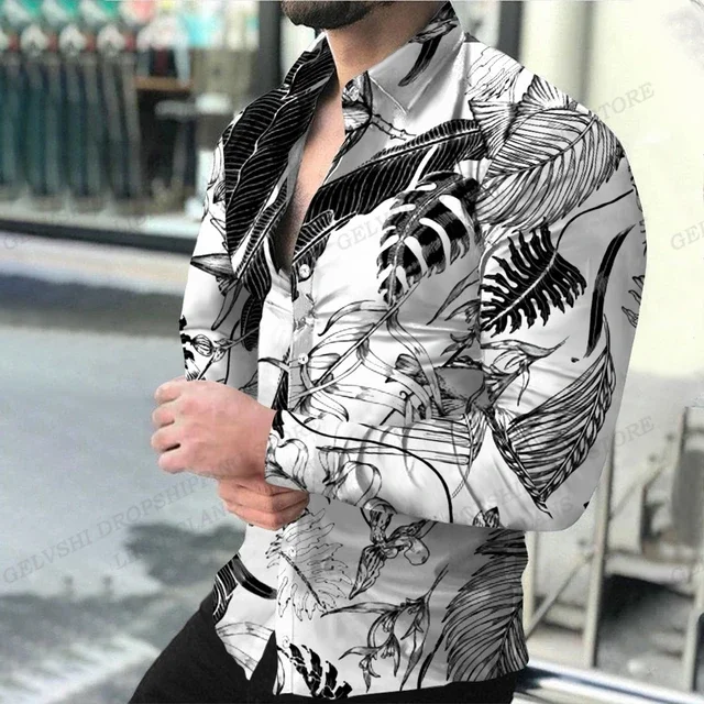 Men's Shirts Men's Fashion Shirts Long Sleeve Hawaiian Shirts Casual Beach Lapel Handsome Men's Long Sleeve Shirts Single Breast