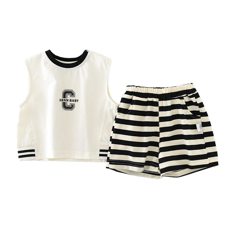 thumbnail image 1 of Conjuntos de ropa de verano para bebés de 0 a 3 años, camiseta sin mangas con letras y pantalones cortos a rayas, traje de 2 uds para niñas y niños pequeños, conjunto de chaleco básico, 1 of 6