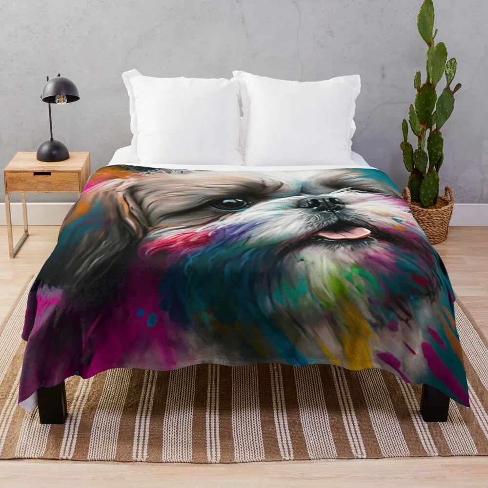 

Shih Tzu Synesthetic Splash Painting Artwork Throw Blanket Retros Vintage Dorm Room Essentials Plaid Blankets
