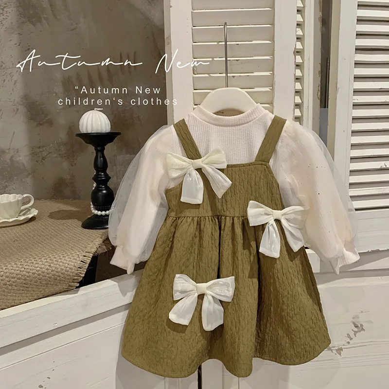 

Autumn Girls Set Kids Dresses for Girls Puffy Sleeve Top and Korean Style Bow Princess Dress Two-piece Thick Warm Girls Clothes