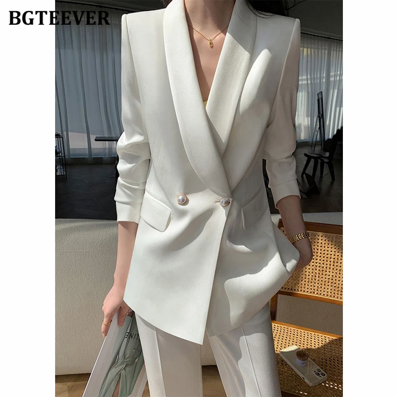 BGTEEVER Spring Ladies 2 Pieces Blazer Set Long Sleeve Double Breasted Suit Jackets & Wide Leg Trousers Elegant Women Pant Suits