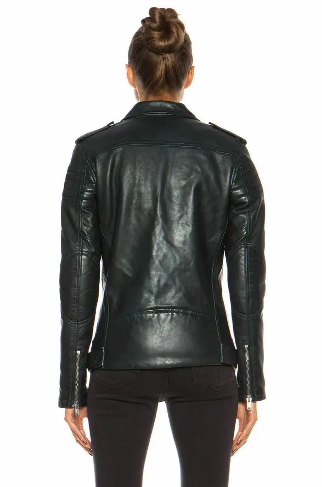 Women's Slim Fit Black Cafe Racer Genuine Lambskin Motorcycle Biker Jacket
