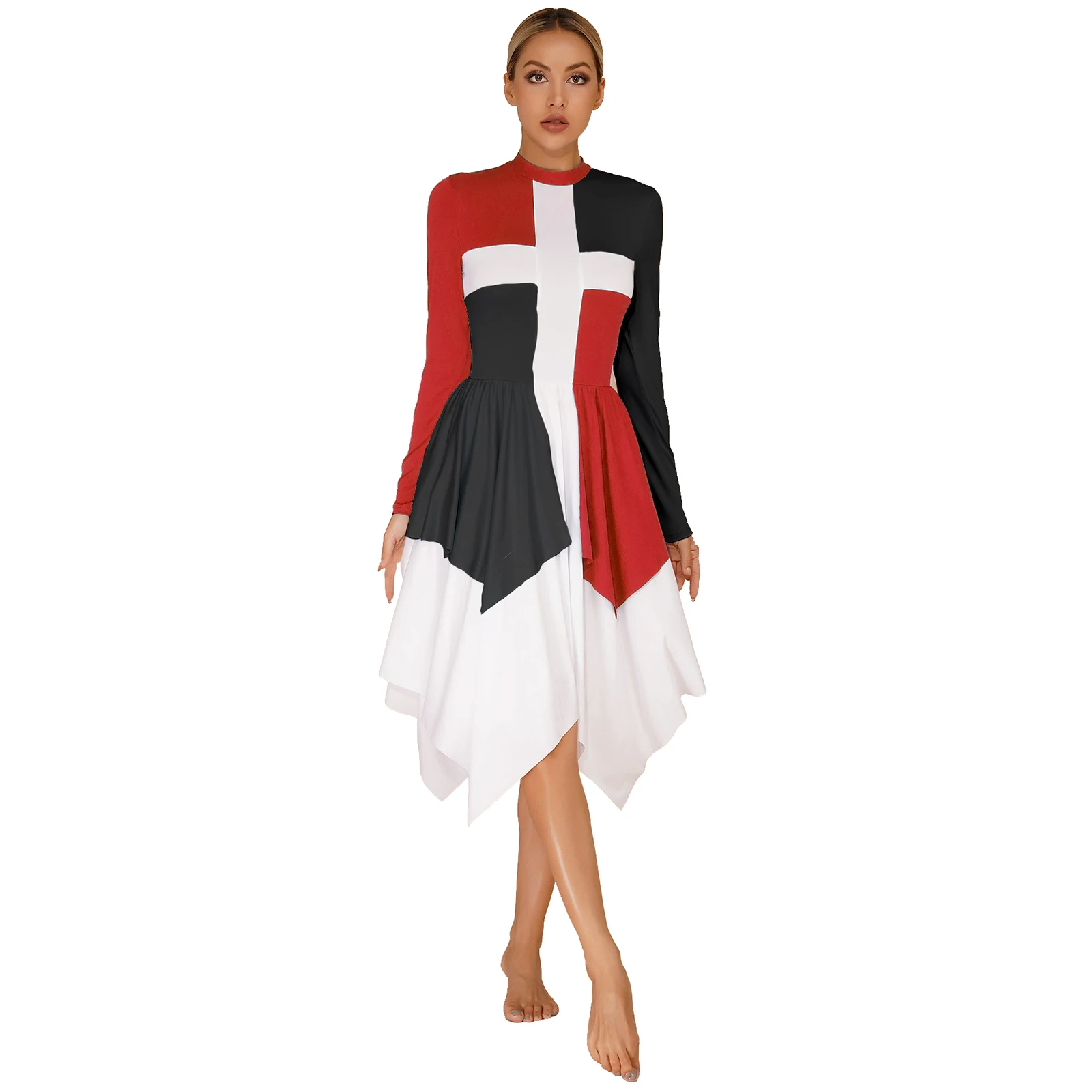 

Women Long Sleeve Lyrical Dance Dress Choir Liturgical Dance Performance Costume Lady Irregular Hem Maxi Dress Modern Dancewear