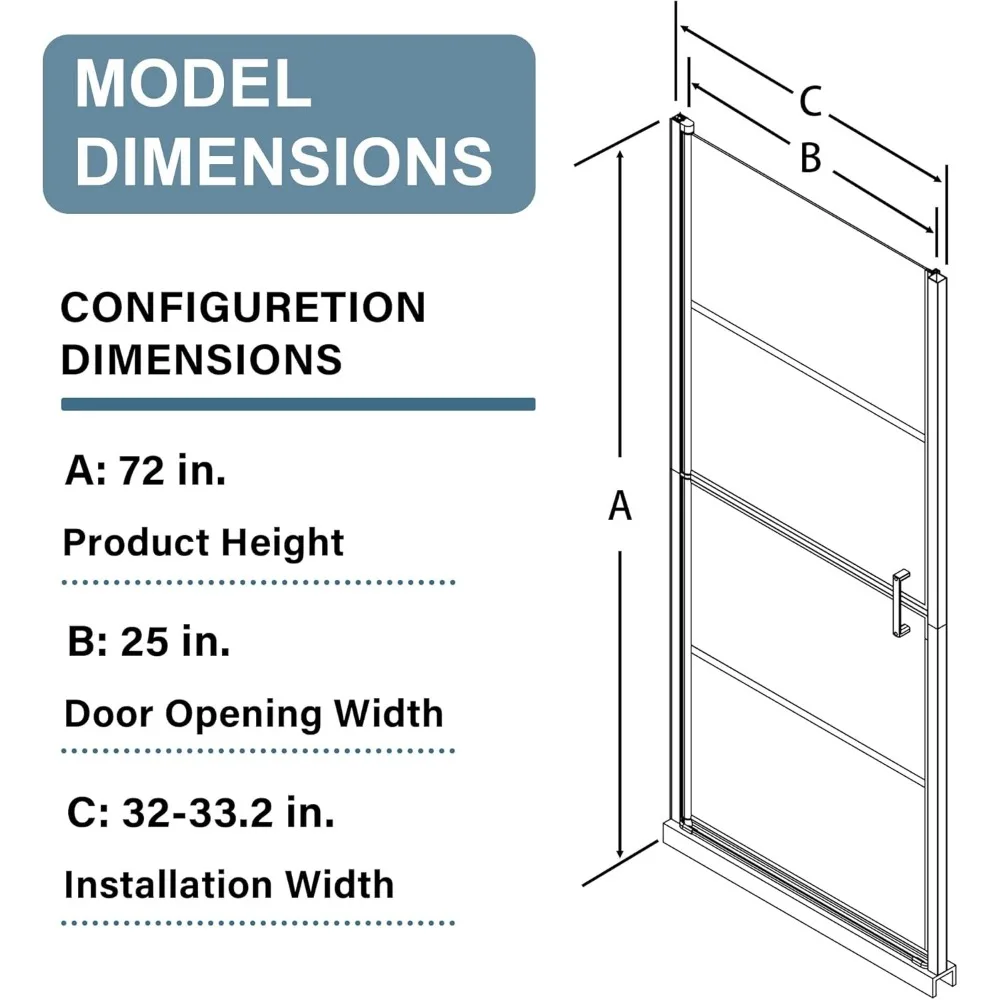 Shower Door, 32 in. W X 72 in. H, Pivot Swing, Clear Tempered Glass Hinge Swing, Bathroom Shower Door 3