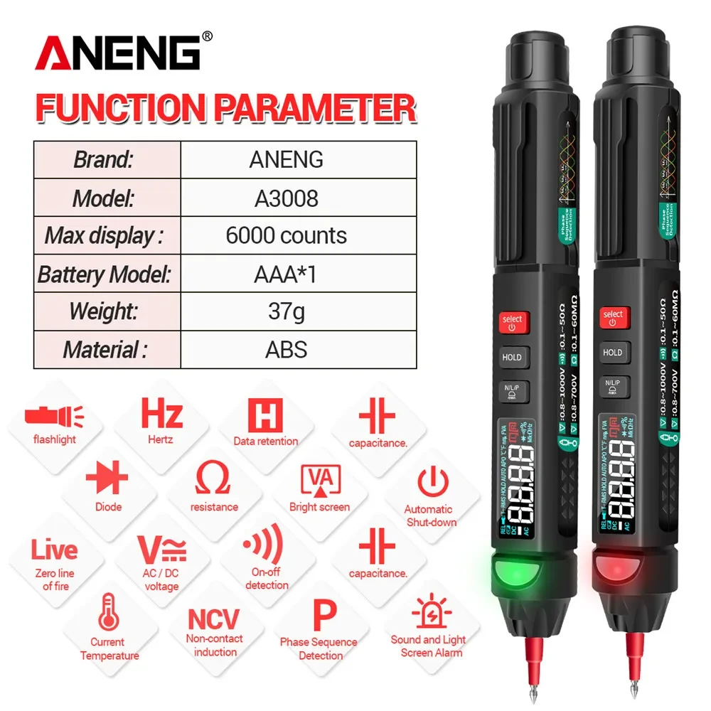 ANENG A3008 Digital 6000 Counts Intelligent Professional Multimeter Sensor Pen Tester Current Meter Non-Contact Voltmeter 5