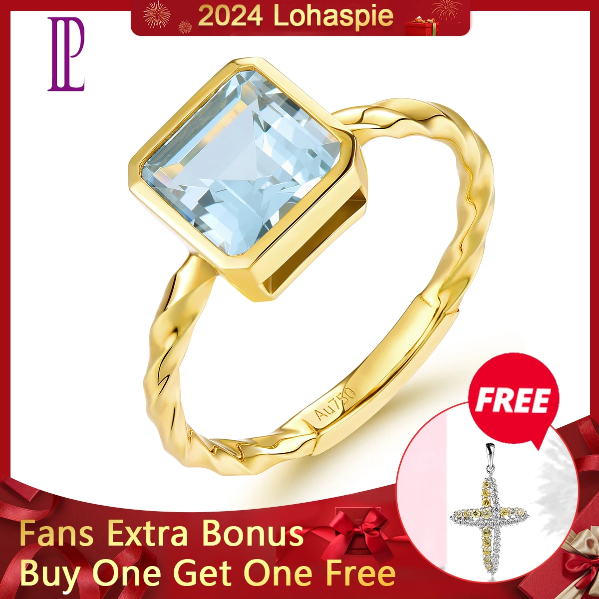 Lohaspie Natural Aquamarine Real 18K Yellow Gold Rings 1.5 Carati Genuine Light Blue Gemstone Women Engagement Anniversary Gifts