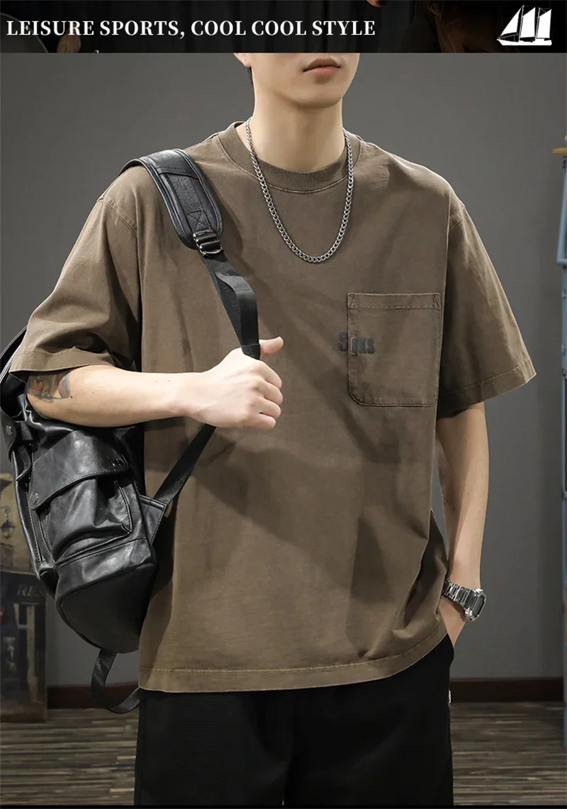 Summer Men's Cotton Pocket Short Sleeve T-shirts Y2K Vintage Crewneck Tee Tops 2025 New High Street Fashion Oversized T Shirt 8 S2a69ae01320145909311b25b26e038a0T