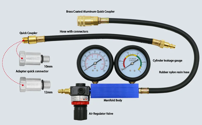 TU-21 Zylinder Leck Tester Kompression Leckage Detektor Doppel Gauge Benzin Motor Leckdown Erkennung Kompression Test Werkzeug – Detail 2